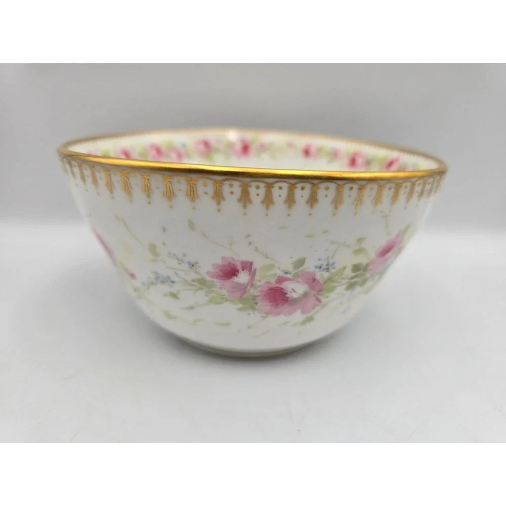 Antique Hand Painted Porcelain Bowl 1896 Pink Roses‎ Gold Gilt Victorian - Picture 3 of 12